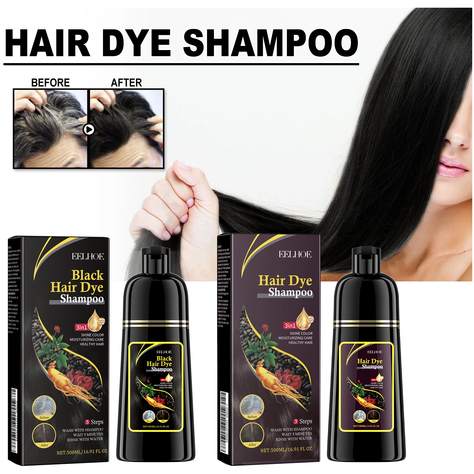 EELHOE Black Hair Dye Shampoo 3 in 1 Growth Clean Hair Darkening Deep Nourishing Black Hair Dye Shampoo Organic Herbal 500ML