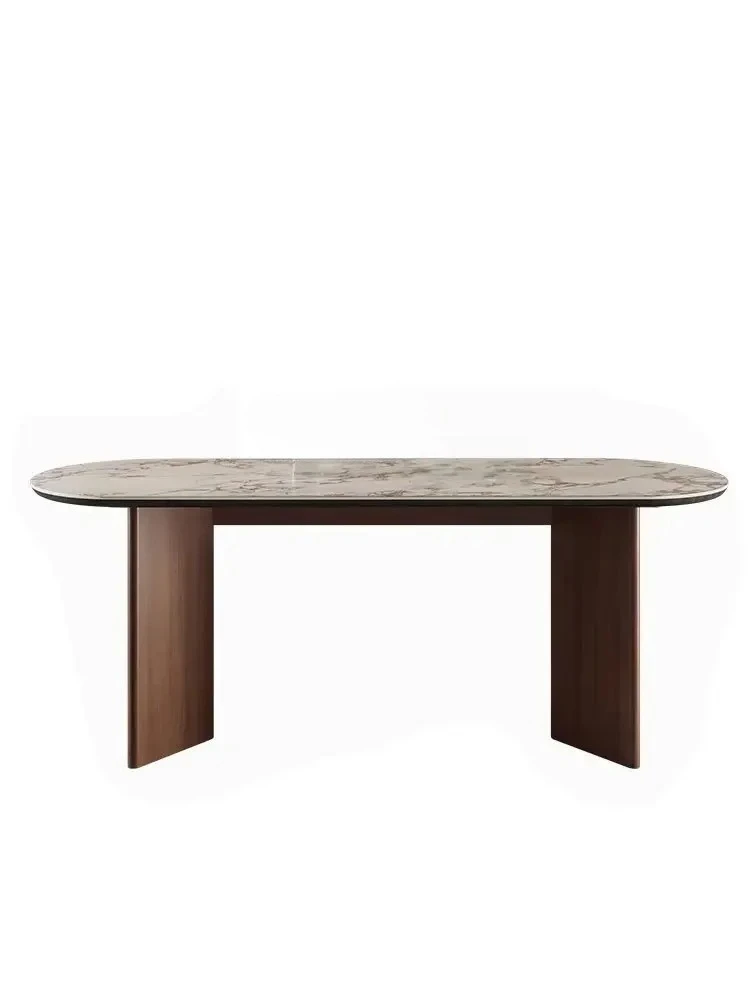 

French Vintage Style Stone Plate Dining Table Silent Style Solid Wood Household Small Apartment Mid-Ancient Style Oval Luxur