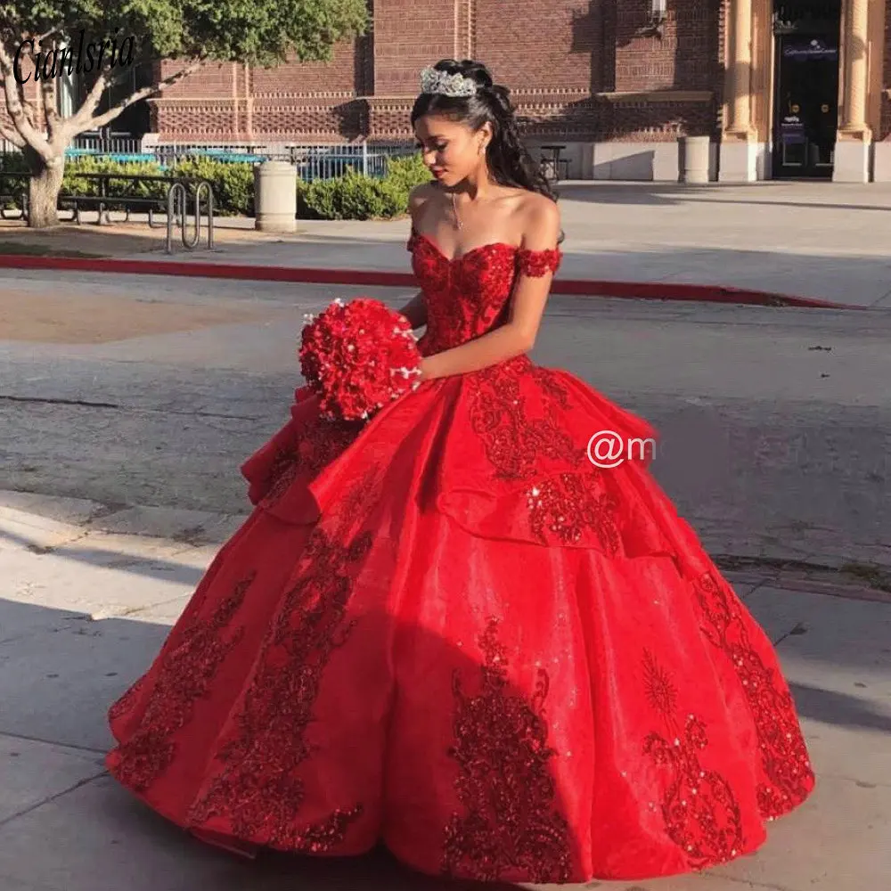 Vestido de quinceañera rojo brillante con lentejuelas, con volantes, escote en forma de corazón, sin hombros, para fiesta de graduación, 15