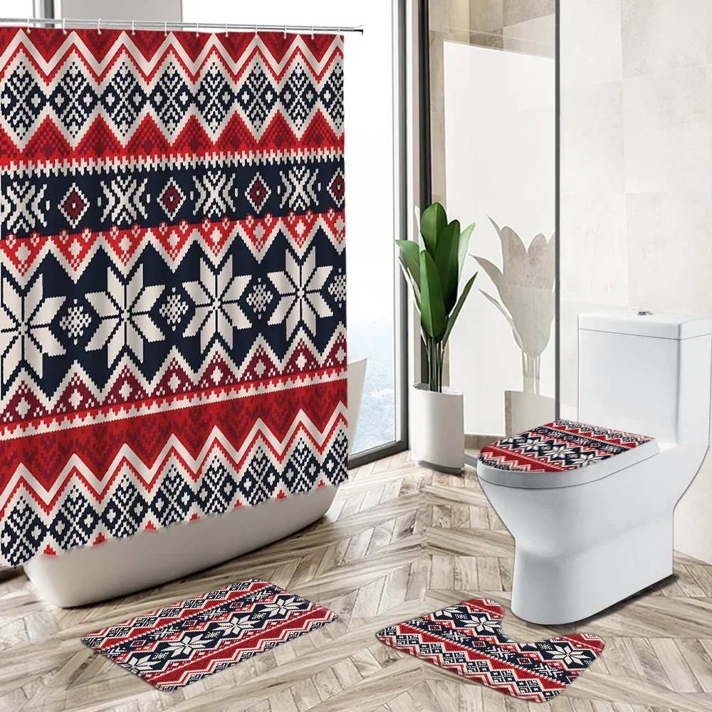 Bohemian Striped Shower Curtain Set Geometric Print Color Flower Home Decor Bath Mat Toilet Lid Cover Flannel Bathroom Carpet