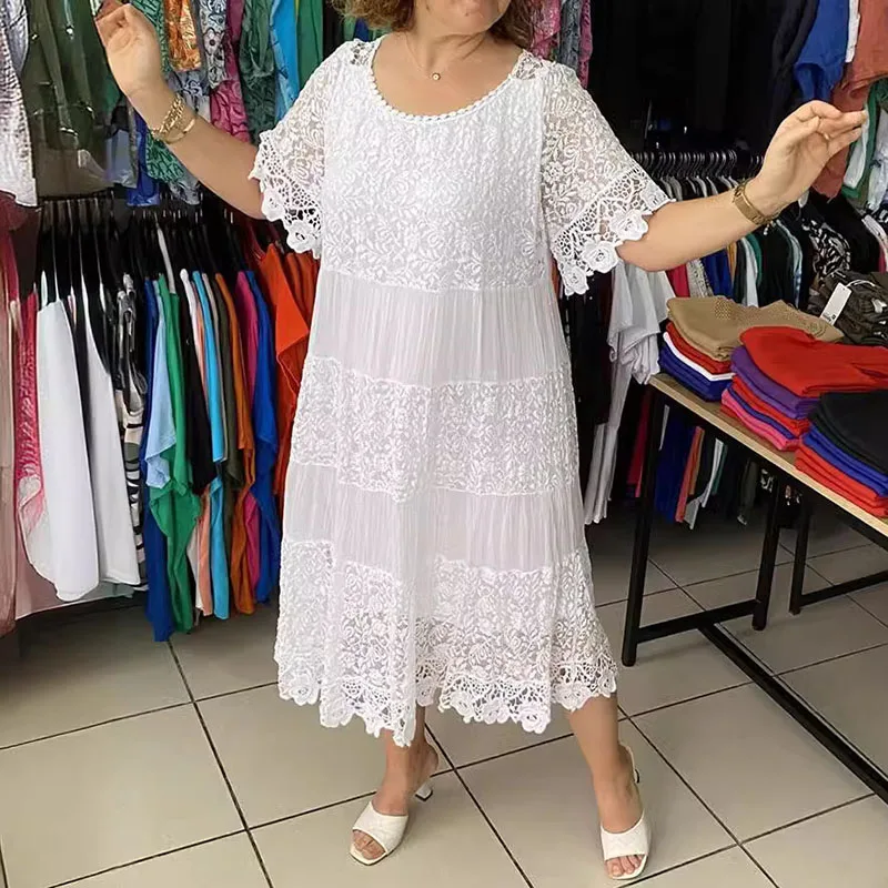 Ladies O Neck Lace Patchwork Long Dress Fashion Embroidery Short Sleeved Commuting Dress Summer Casual Pleated Party Dress Mujer