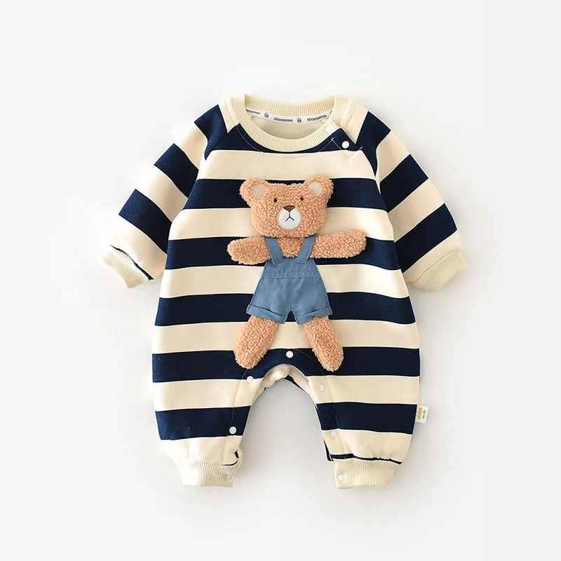 MILANCEL Thicken Lining Boys Baby Rompers Striped Cartoon Girls Jumpsuits Bear Outfit