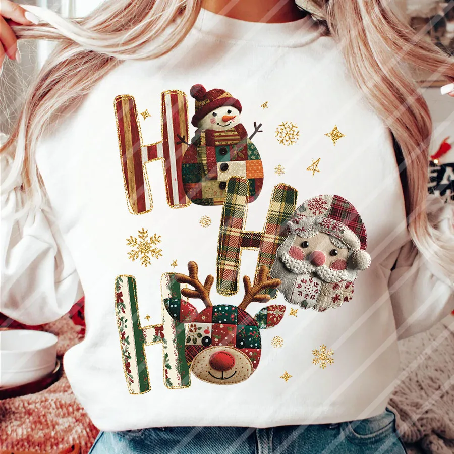 Ho Ho Ho Patchwork Christmas Santa Claus DIY Iron-On Heat Transfer Sticker Decal T-shirts Sweatshirts Bag Pillowcases Xmas Decor