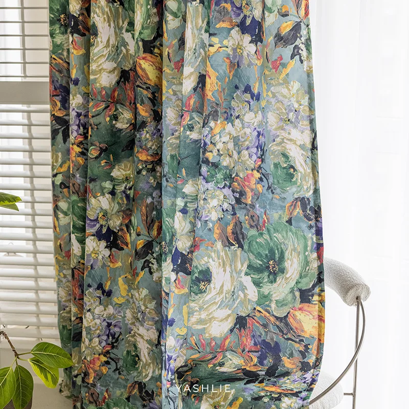 Oil painting, American retro printed curtains, abstract, light luxury, cotton and linen countryside shooting background