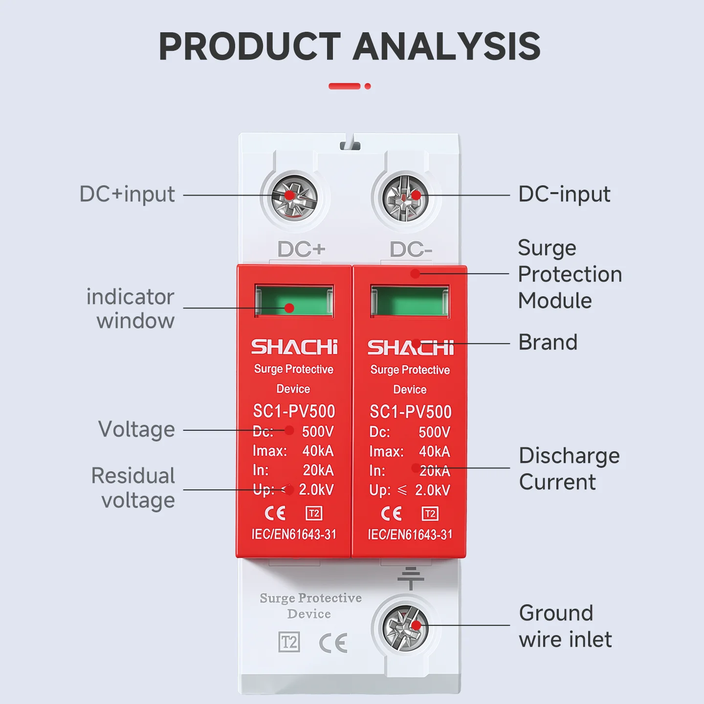 SHACHI 2P 20KA 40KA DC SPD Surge Protective Device 500V 600V 800V 1000V Voltage Protector Solar Photovoltaic Lightning Arrester