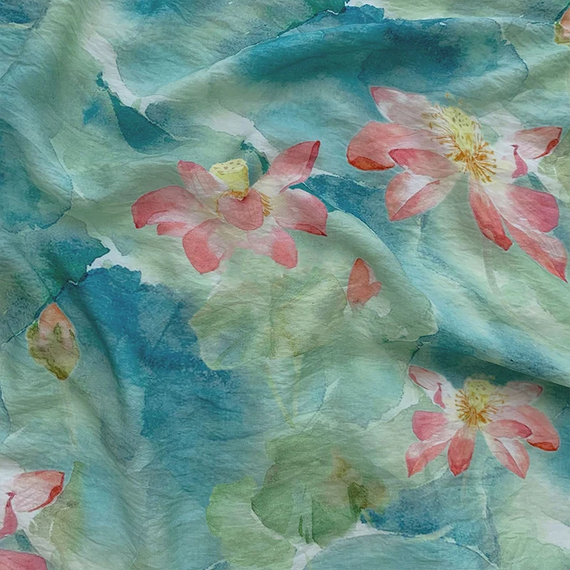 

0.5/1/2 Yard Lotus Leaf and Lotus Printed Fabric New Chinese Style Perfect for DIY Clothing,Qipao, Dresses,Tablecloths, Curtains