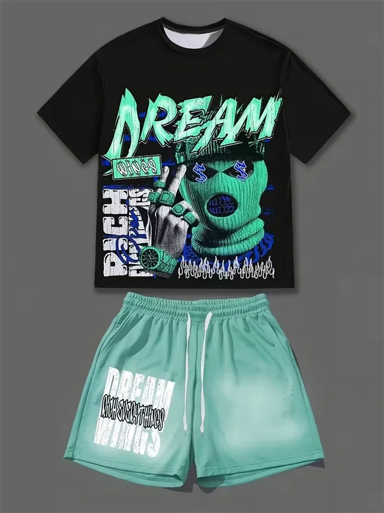 

Summer Fashion American Trend 3D Printed Skull Men's Round-neck Top And Shorts Hip-hop Style Trendy And Cool 2pcs Set