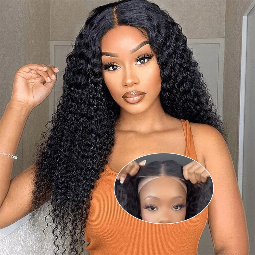 

Kinky Curly Wear and Go 4x4 Парики спереди, человеческие волосы, бесклеевые, предварительно выщипанные, плотность 180%, для женщин, перуанский натуральный цвет
