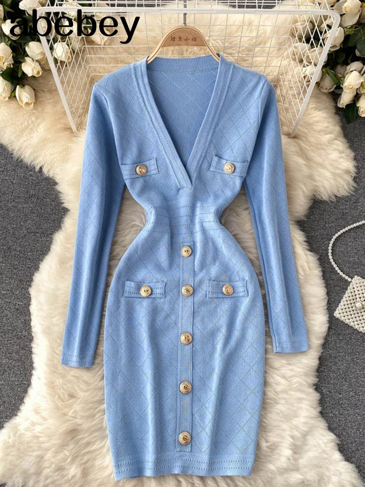 Frauen Gestrickte Bleistift Kleid Koreanische Langarm V-ausschnitt Elastische Dünne Kleid Herbst Winter Sexy Bodycon Warme Pullover Kleid