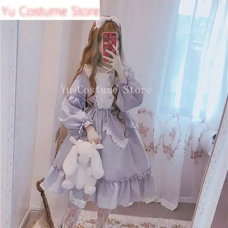 

Cute Women Lolita OP Dress Flouncing Lace Trim Japanese Harajuku Long Sleeves Doll Teen Dress Fairy Vestidos Girly Camisole 2025
