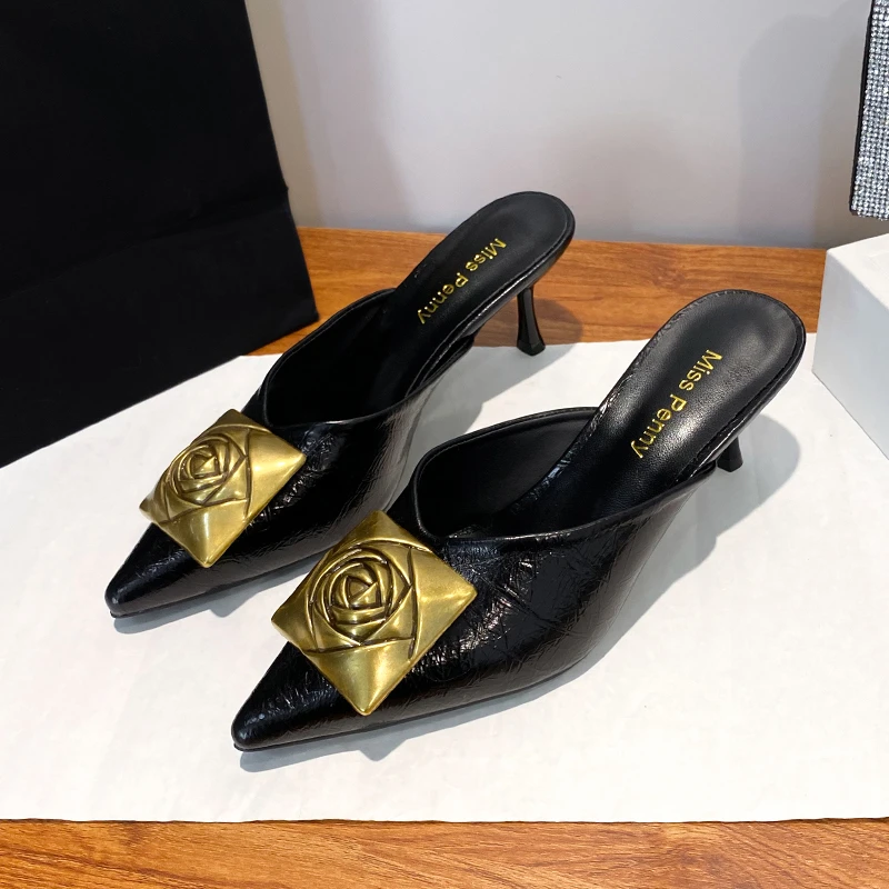 

New Spring/Summer 2026 Retro Camellia Flower Pointed Fine Heel Baotou Sandals for Women French Half Dragged High Heels