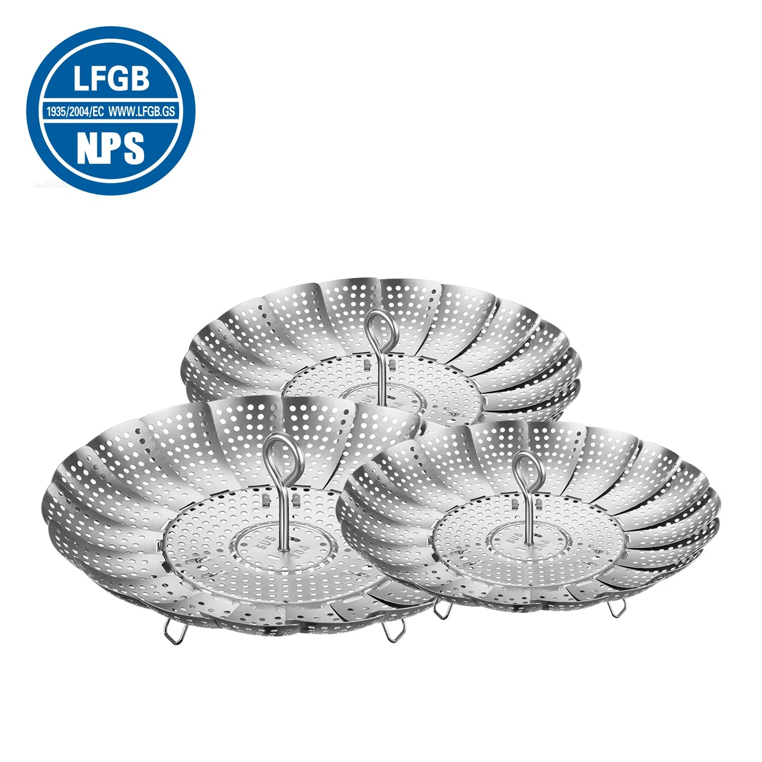 LFGB Certification 304 Stainless Steel Kitchen Steaming Rack Well Polished Foldable Breakfast Steamer with Detachable Handle