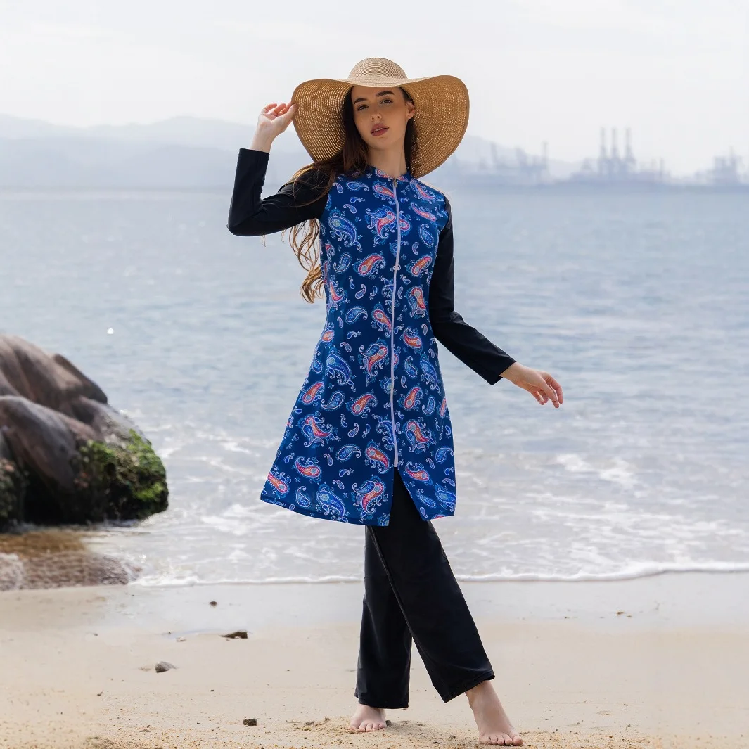 New Women Modest Burkini Swimsuit Paisley Print Long Sleeve Full Coverage Zipper Conservative Muslim Bathing Suit Beach Swimwear