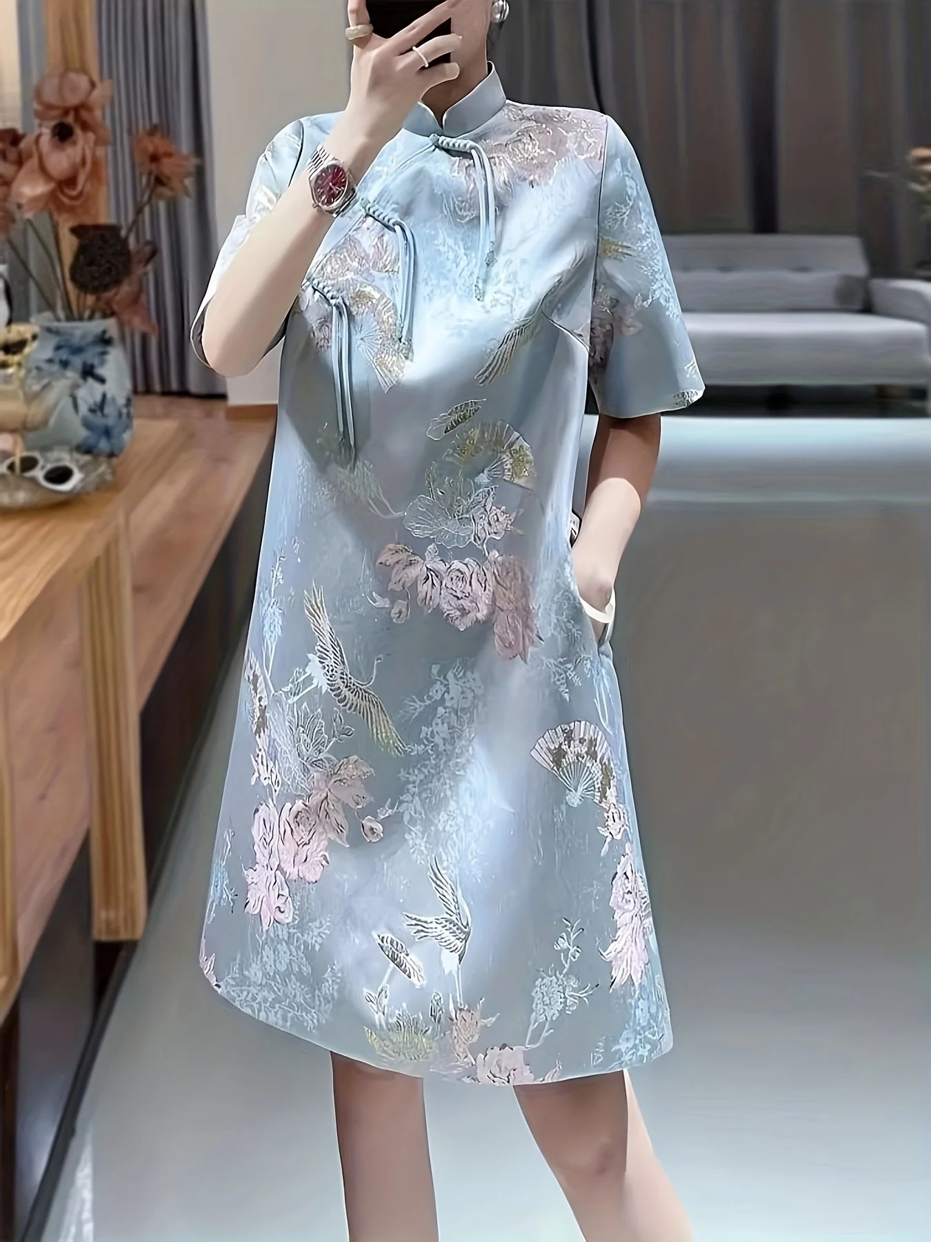 

Floral Pattern Cheongsam Dress Vintage Band Collar Chinese Style Qipao Dress Women's Clothing