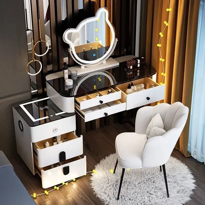 Luxury Dressing Table with Smart Wireless Charging Nordic Vanity Bedroom Multifunctional Makeup Table with Sound Bear Led Mirror