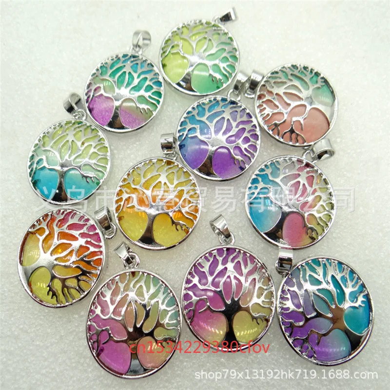 4pc Various Types Natural Crystal Gemstone Agate Colored Glass Circular Alloy Life Tree Pendant Necklace Jewelry Accessories