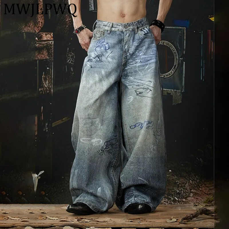 

Мужские широкие джинсы с принтом в стиле стрит-граффити MWJLPWQ, свободные повседневные брюки в стиле High Street, новинка весна-осень 14166