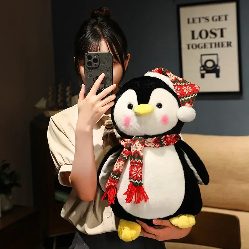 Cute Plush Penguin Stuffed Animal with Hat and Scarf, Penguins Plush Toys,Christmas Penguins Plush Soft Body Pillow Plushies