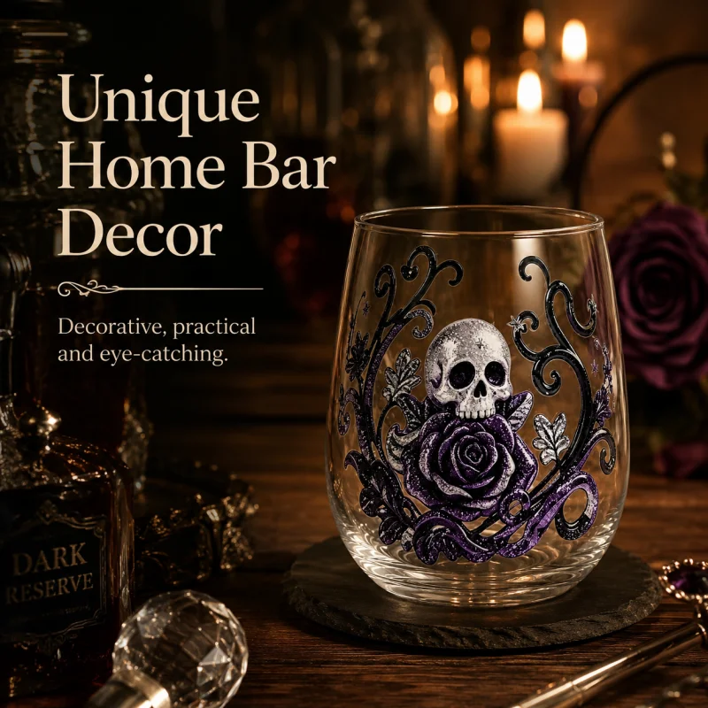 Gothic Floral Skull Whiskey Glass Stemless Beer Cup Creative Sticker Pattern Drinkware for Halloween Gift