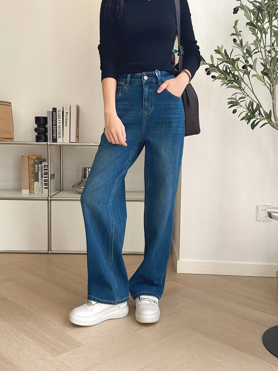 

Осенне-зимние женские джинсы-брюки с прямым кроем, на флисовой подкладке, с высокой талией, визуально стройнящие, из премиального денима, модель Bootcut