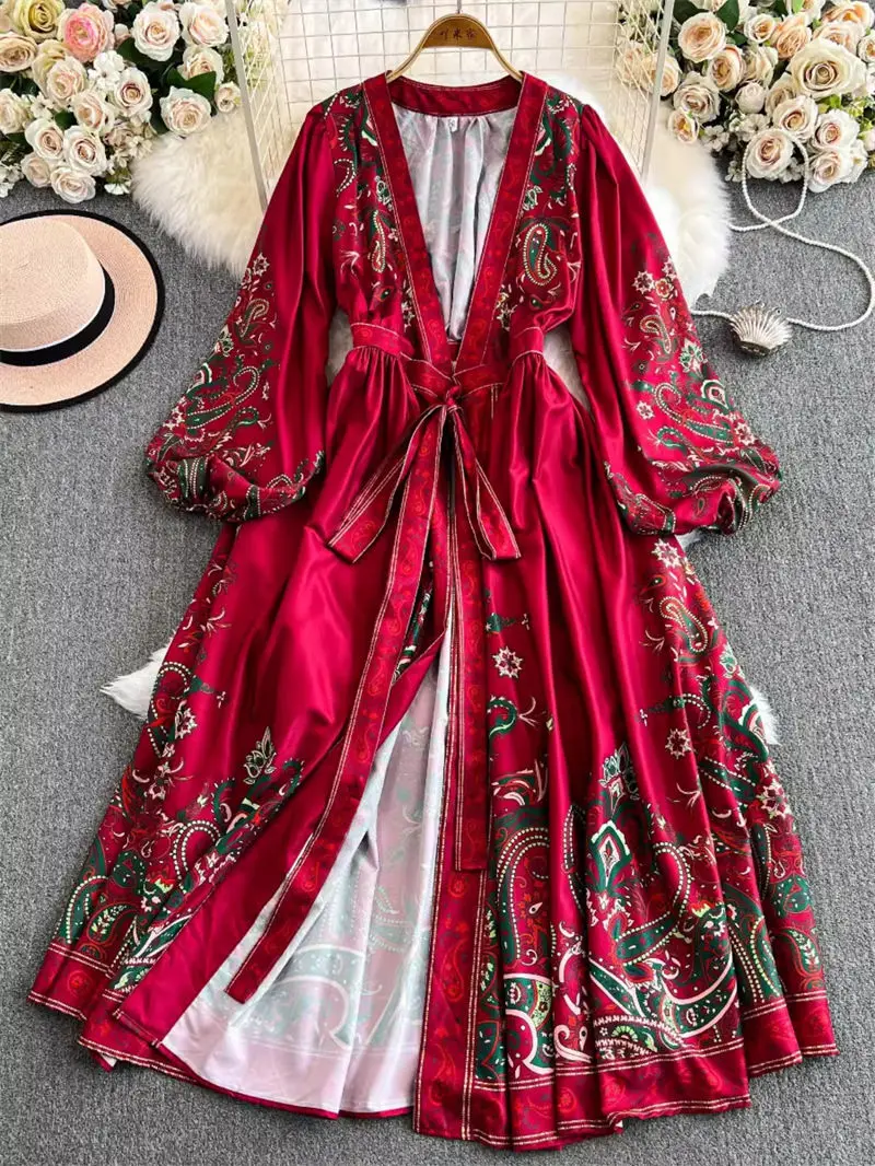 2024 Early Spring Autumn Women Robe Dress New French High-End One-Piece Lace Up Printed Light Luxury Elegant Long Dress K2146