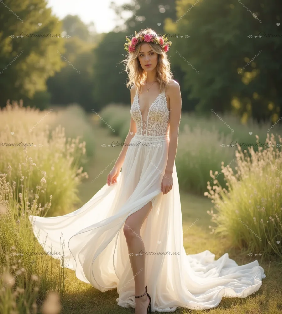 Elven Sprookjesbos Trouwjurk 2026 Keltische Boho Bruidsjurk Met Split Spaghettibandjes Chiffon Strand Tuin Bruidsjurk