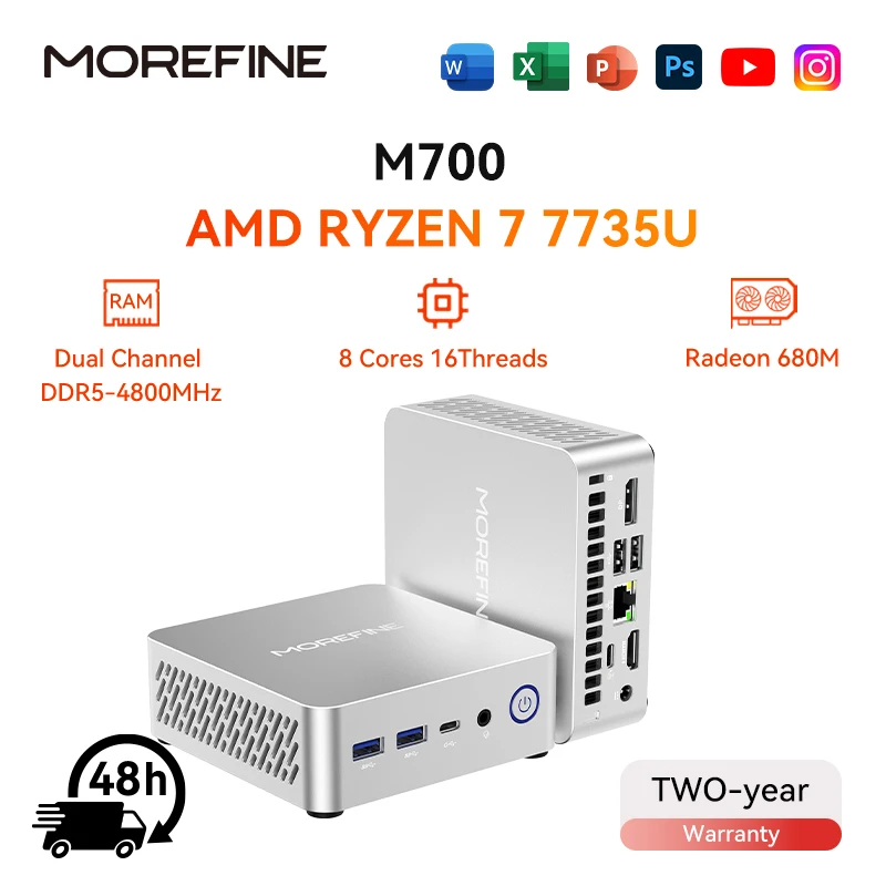 MOREFINE Mini PC M700 AMD Ryzen R7-7735U WIN11PRO ordenador de escritorio de doble canal DDR5 RAM M.2 PCIE4.0 SSD WiFi6 BT5.0 juego de ordenador portátil