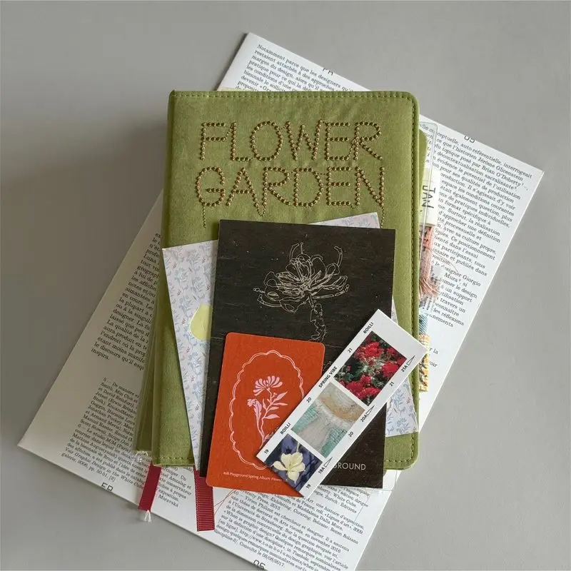 春の花園-a5-ノートブック-刺繍生地カバー-日記帳-写真イラストハンドブック-ポストカードステッカー付き