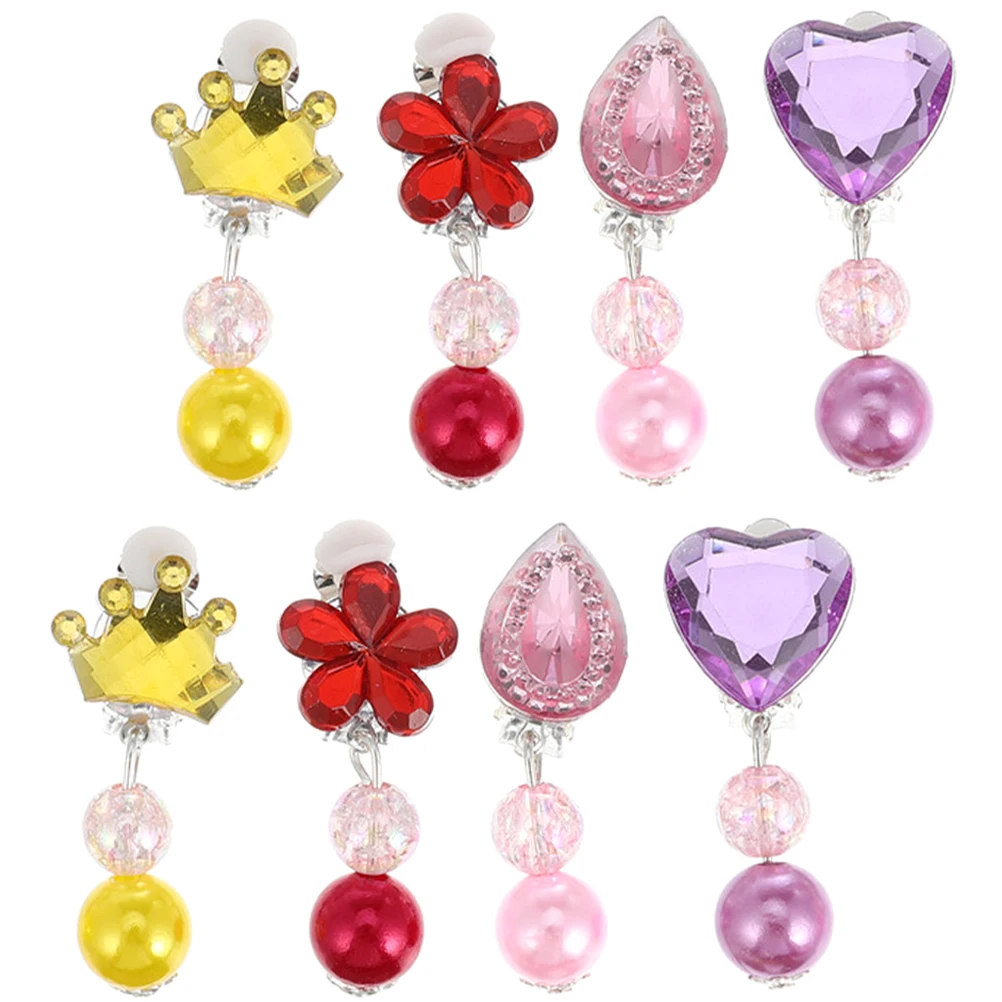 

4 Pairs Children Ear Clips Colorful Pendant Toddler Girls Clip On Earrings Jewelry Lightweight Comfortable Safe Material