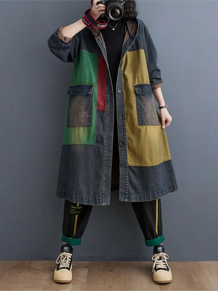 

Autumn Denim Long Hooded Trench Coat Women Print Patchwork Ladies Windbreaks Casual Loose Woman Coats