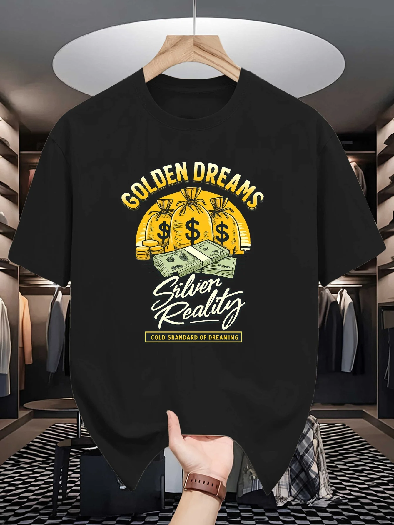 Male Dark Blue Round Neck T Shirt Vintage Golden Dreams Slogan Dollar Money Bag Stacked Bills Coin Rich Mindset Daily Cotton Tee