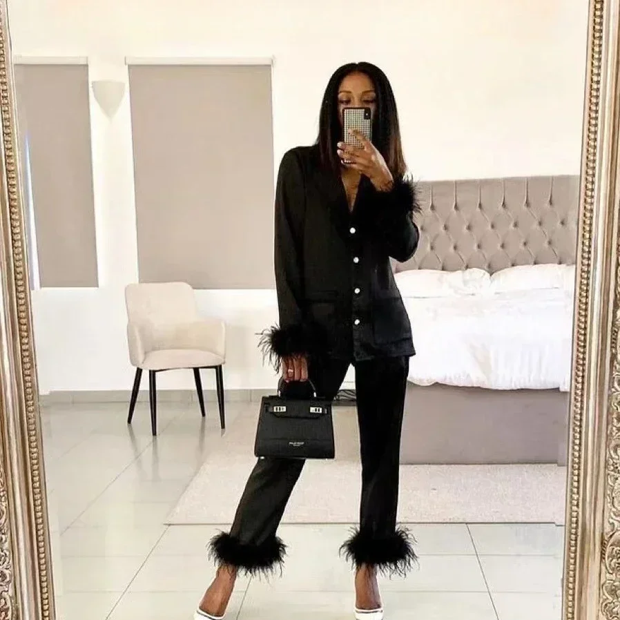 

Two Piece Sets Women Pajamas Set 2024 Autumn Casual Lapel Tops Feathers Pants Suits Sexy Lingerie Nightwear Pyjamas Homewear