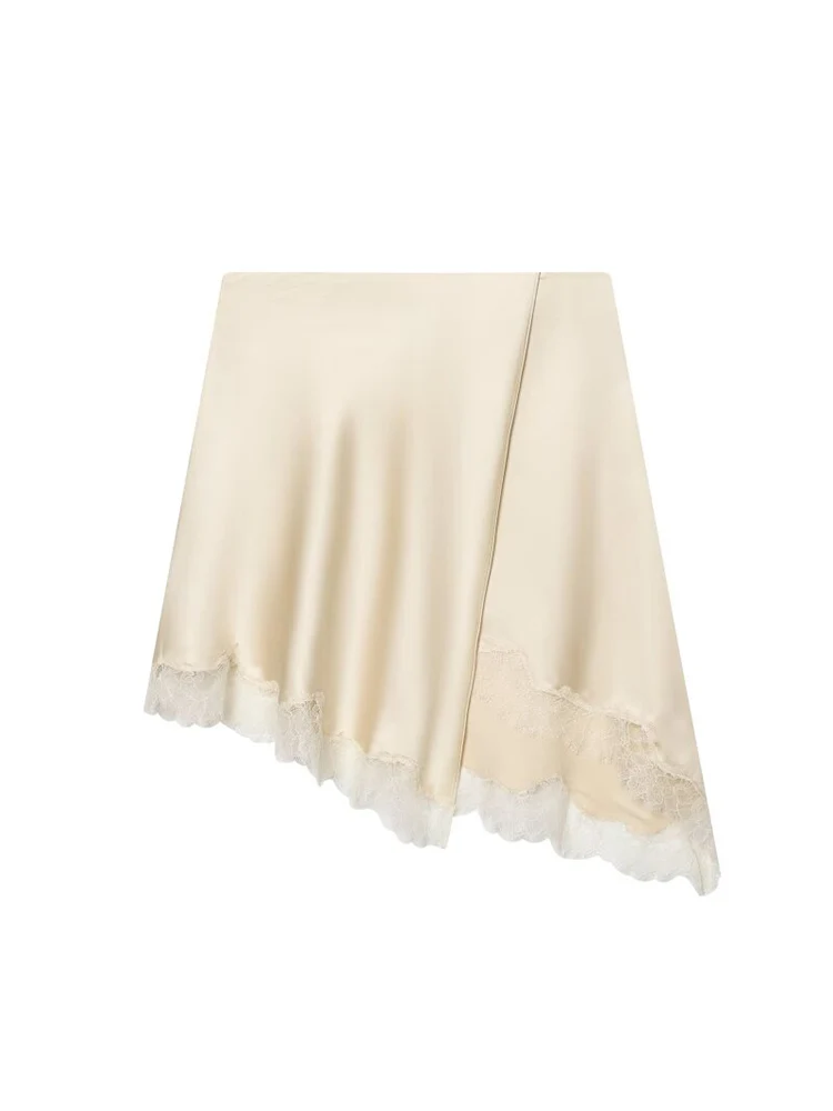 

Women Satin Mini Skirts 2026 Fashion Sexy Lace Spliced Asymmetry Female Elegant Street Skirt Clothes