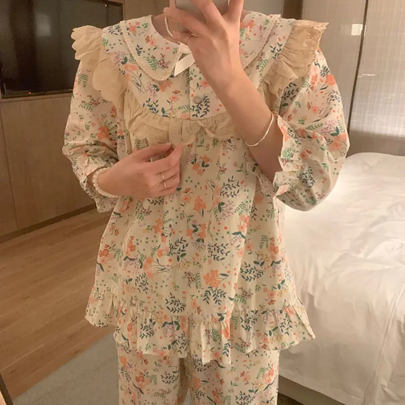 

Korean Cute Lace Pajama Sets for Women 2025 Spring Autumn New Floral Long-sleeved 2-piece Suit Loose Home Wear Pajamas Sleep Set