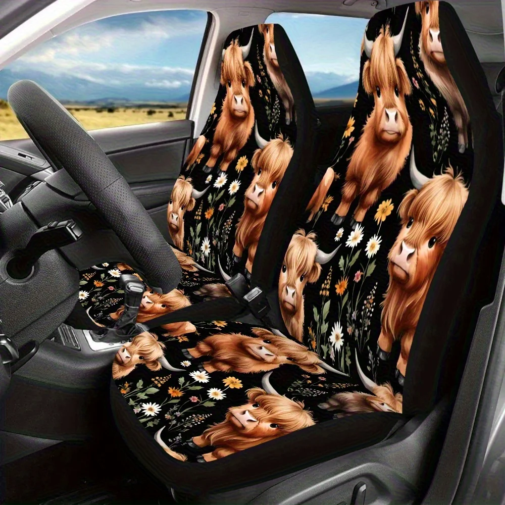 

2pcs Fluffy Highland Cow Print Car Seat Covers Fit For Cars, SUVs & Trucks, Durable Polyester Fabric, NoFill Design, Vibrant