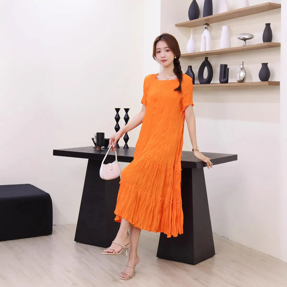 

Miyake Texture Layered Dress Spring and Summer Women's Design Sense Showing Thin One-step Skirt Pleated Skirt New in Summer 2025