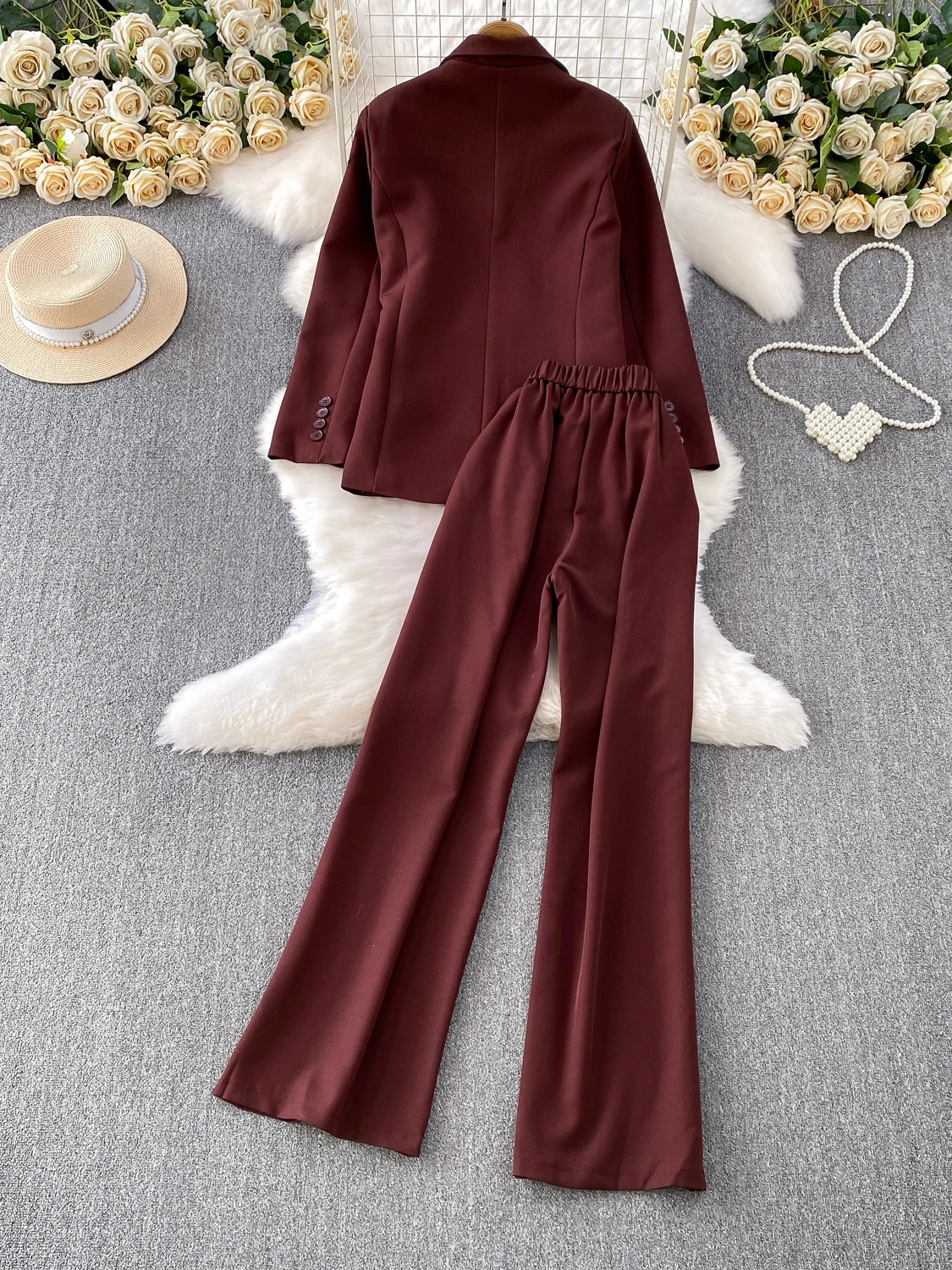 Ele Busin Women's Suit Two-Piece Set High Waist Wide Leg Pants Belted Waist Slimming Effect Profional Commute Sle