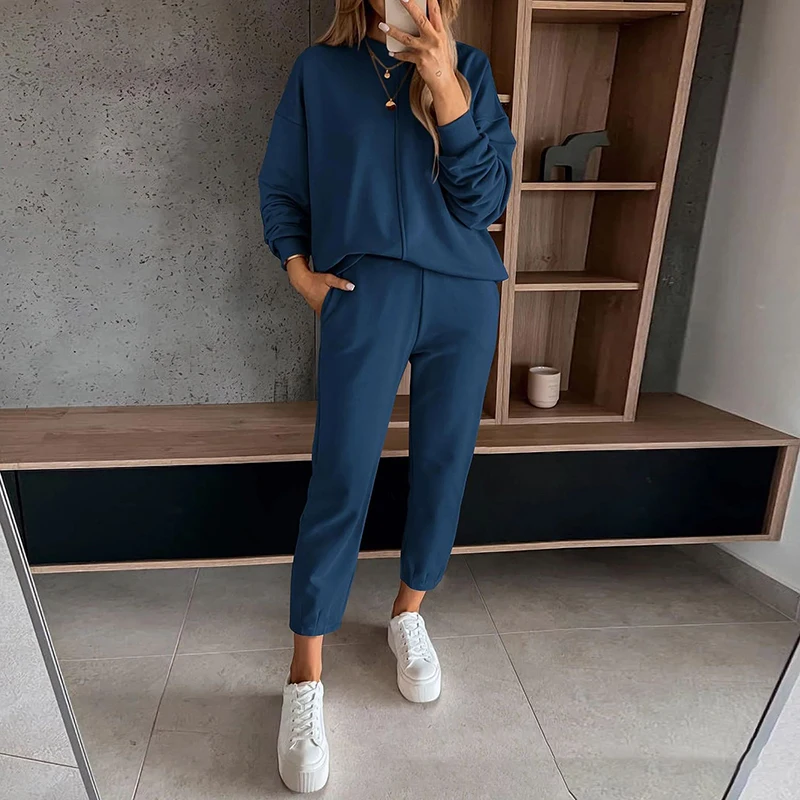 Casual Solid Loose Women Tracksuit 2 Pieces Round Neck Sweatshirt Pullover Sweatpants Outfits Winter Long Sleeve Sportswear Suit