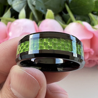 Green Men's 8mm Black Tungsten Carbide Wedding Band Engagement Rings for Men Women Carbon Fiber Inlay Beveled Edges Comfort Fit