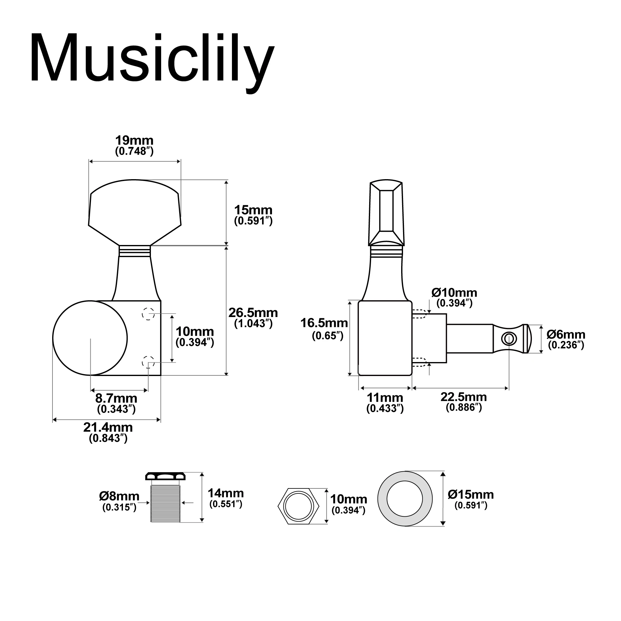 Musiclily Pro R18T Left-Handed 6-in-line 18:1 Ratio 2-Pin Full Sealed Machine Heads Tuners Tuning Pegs Keys for Squier ST Tele
