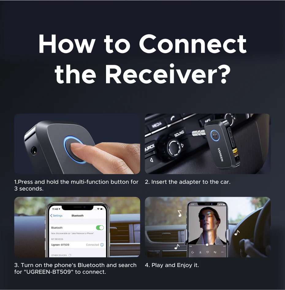 UGREEN Bluetooth 6.0 5.4 Car 3.5mm AUX Jacks for Car Speakers Audio Music Hands Free Bluetooth 5.3