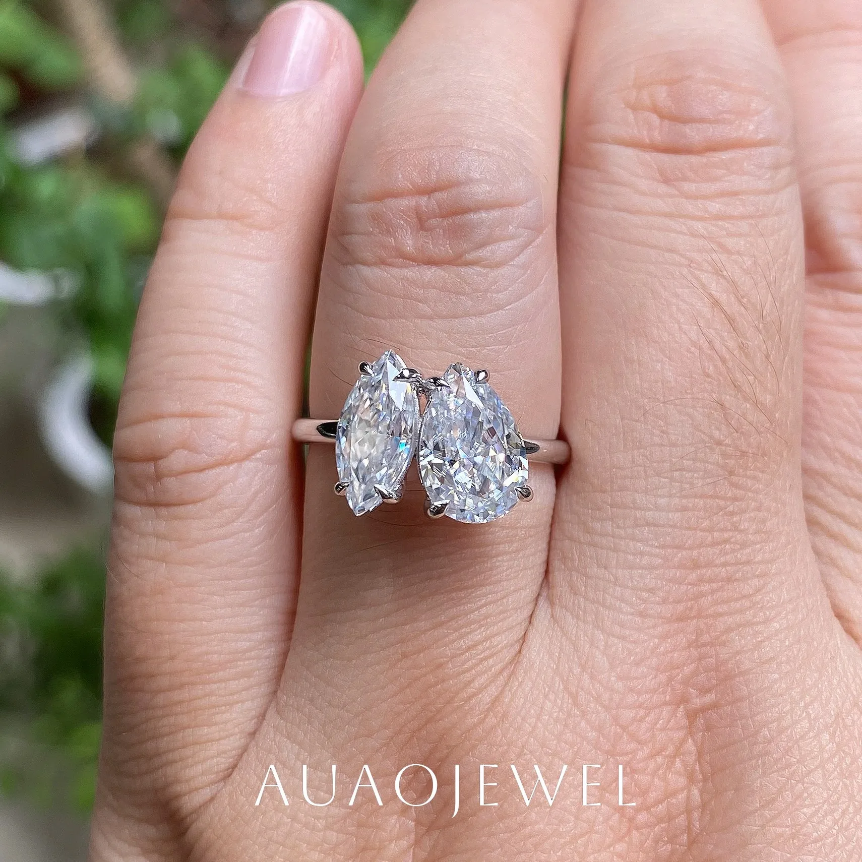 AUAOJEWEL 3 Carat Total Moissanite Ring 10.5x7mm 2 Carat Pear and 1carat 11x5mm Crushed ice Marquise Shape Engagement with GRA