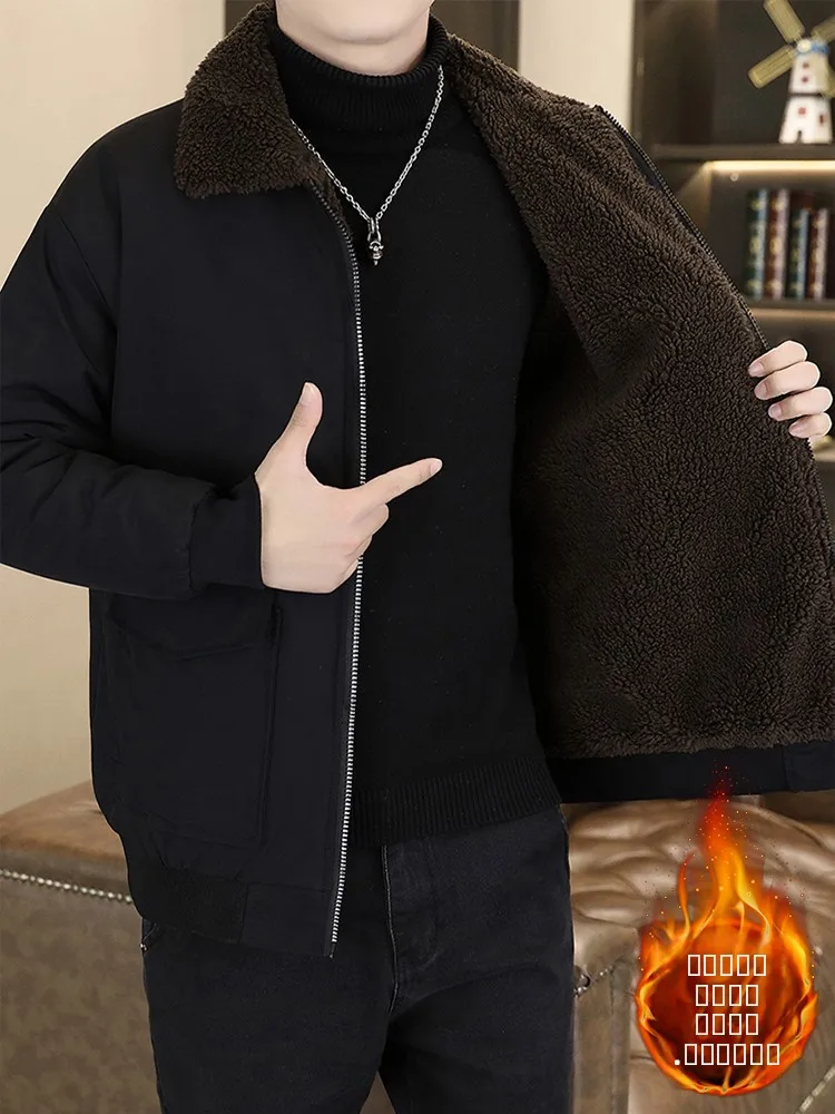 

Lamb Velvet Men's Jaet Thiened Warm Cotton Winter Outerwear Faionable Youth Long Sve Zipper Closure Casual Coat