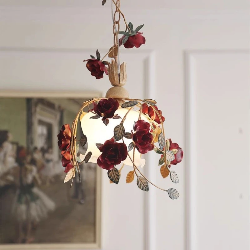 American Pastoral Style Rose Pendant Lights Restaurant  Bedroom Bedside Corridor Balcony Creative Flower Romantic Hanging Lamps