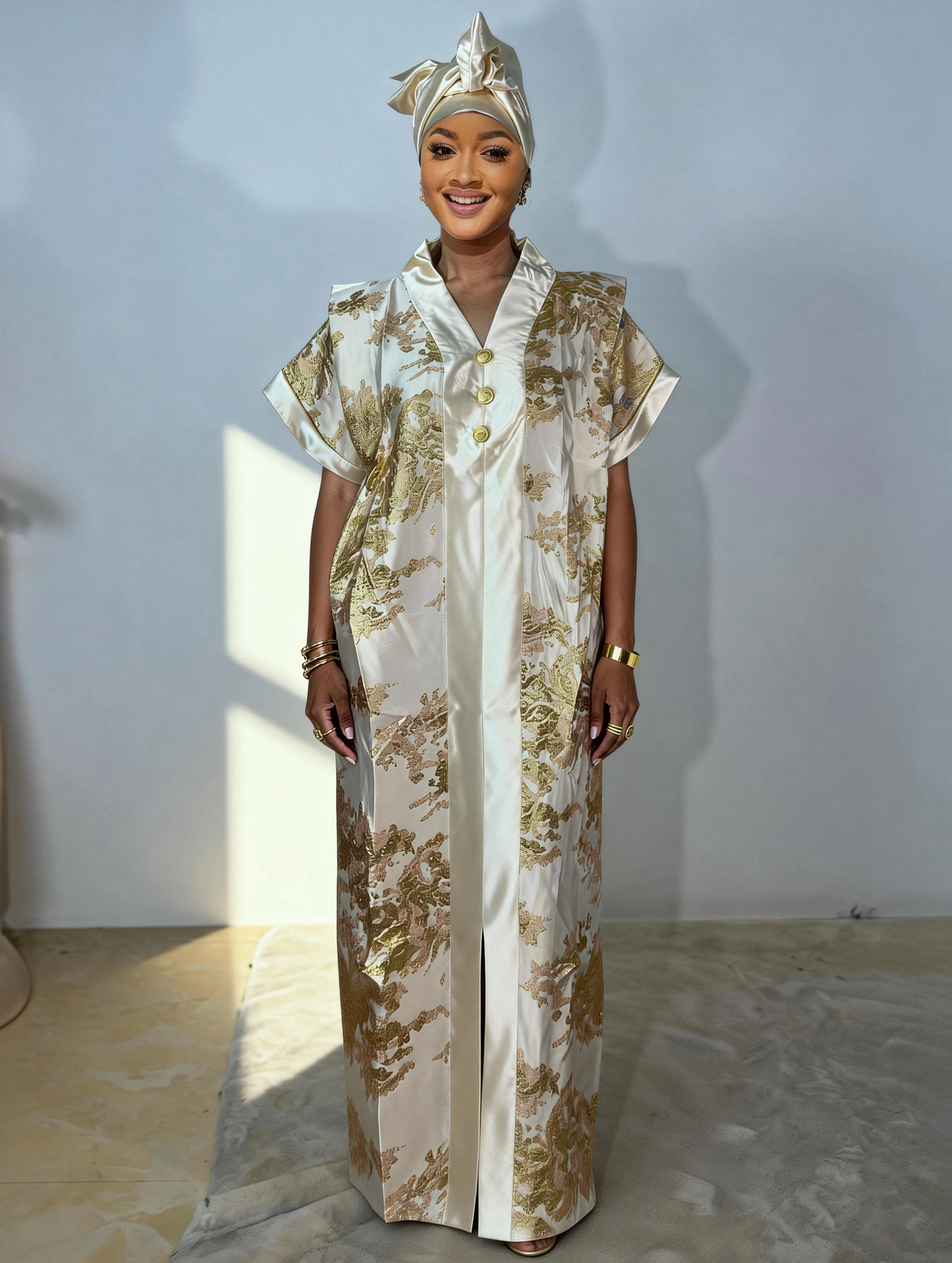 

Luxury African Dress Jacquard Satin Fabric Waist Tie Long Loose Robe Women Waist Tie Long Loose Robe Women