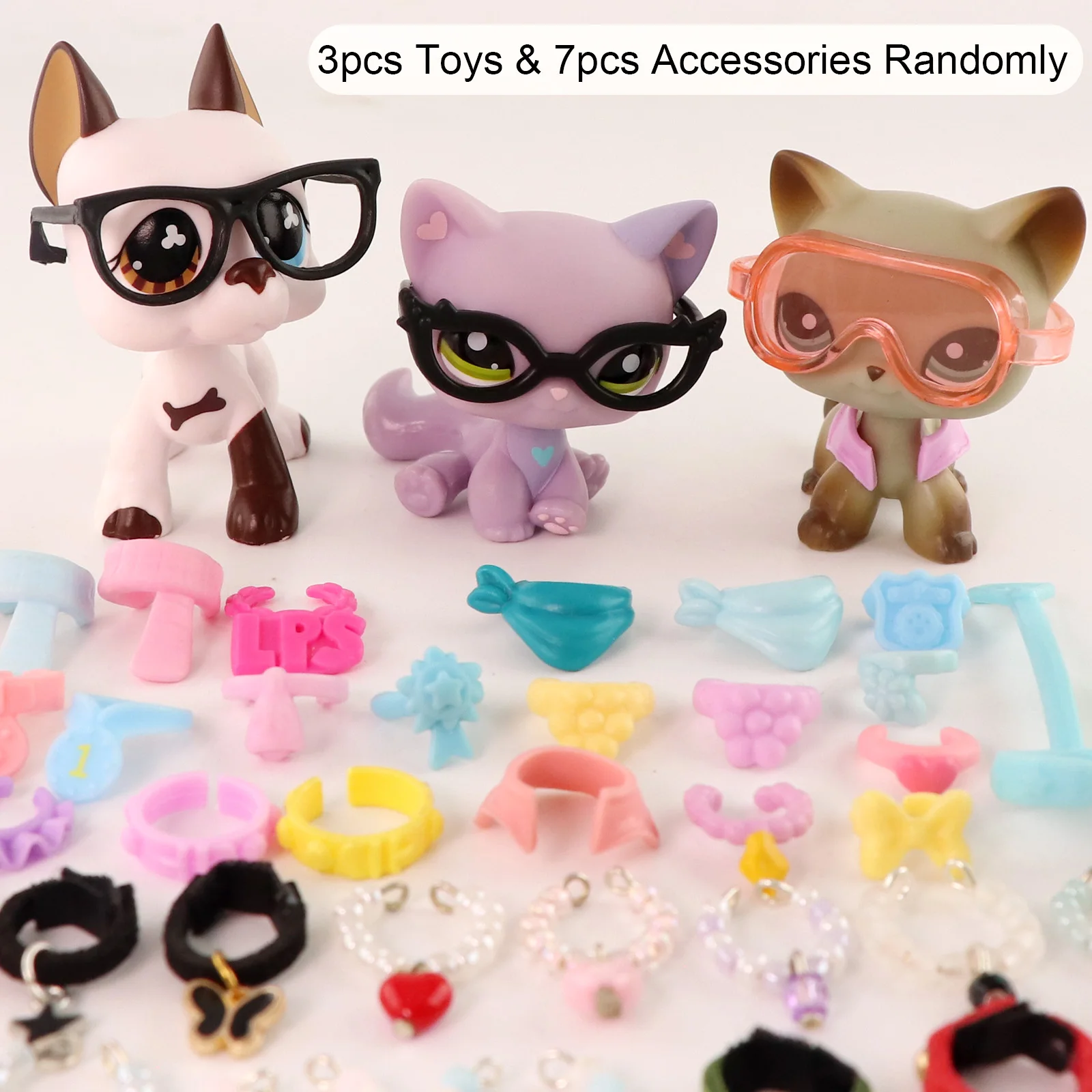 

3 pcs Minilpsshop Pet Short Great Dane #577 Sitting Cat #1994 Shorthair Cat #391 & Random 7pcs Accessories Kids Gift for lps