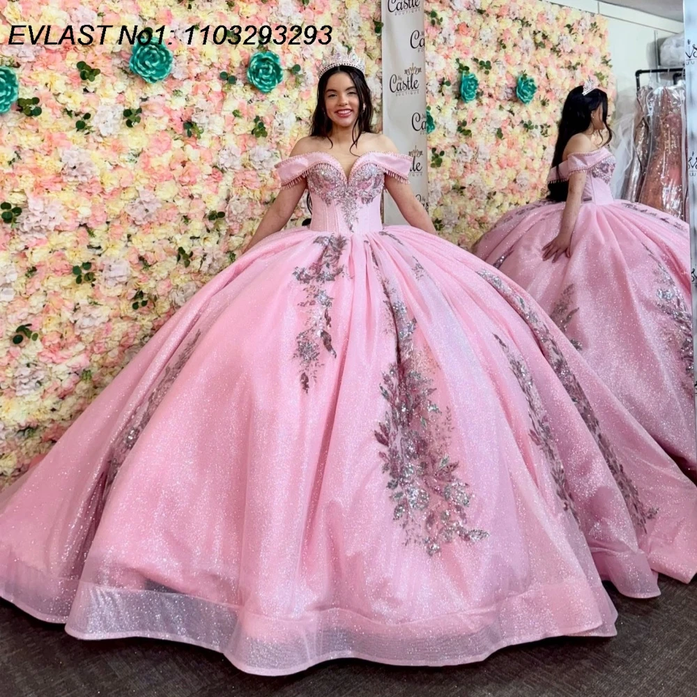 

EVLAST Customized Shiny Pink Ball Gown Quinceanera Dress Floral Applique Beading Sequins Sweet 16 Vestidos De 15 Anos E1Q915