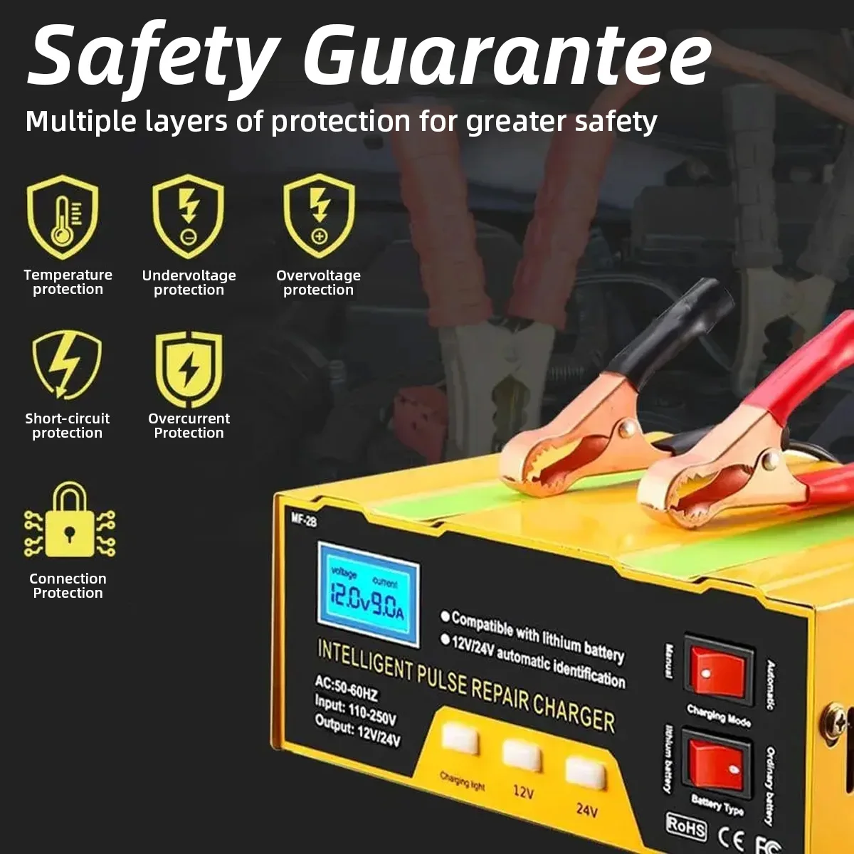 

12V 24V Automotive Battery Charger, Yellow, UL Certified, Trickle Charger for Car Truck Boat, Battery Maintainer for AGM Gel