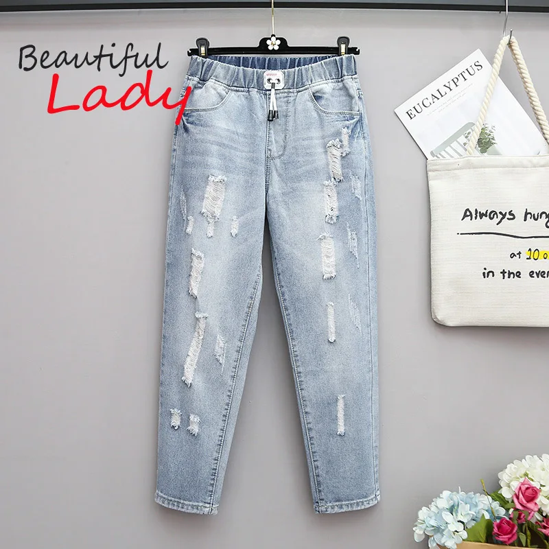 

L-7xl ripped jeans woman high waisted plussized baggy blue jeans for women loose denim trousers mom jeans