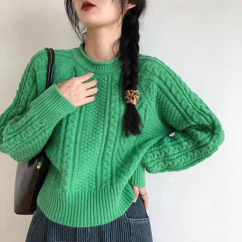 

Женский однотонный пуловер с длинными рукавами, свитер в корейском стиле, винтажный повседневный топ с круглым вырезом, весенняя мода, универсальная трикотажная одежда